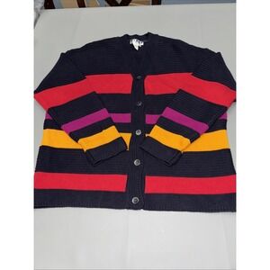 KIKIT STRIPED BUTTON UP SWEATER VTG Red/Navy/Gold/Magenta 5 Button